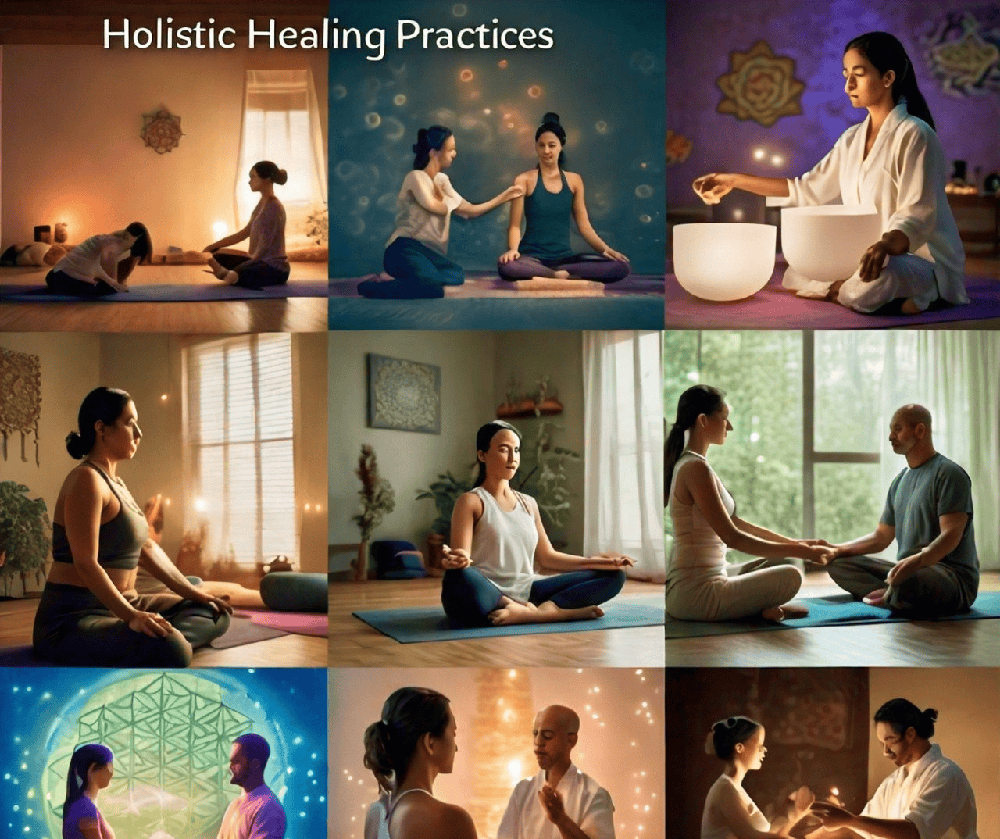 A visual representation of various holistic practices, including meditation, energy healing, and the use of Rudraksha, promoting a comprehensive approach to emotional health 2